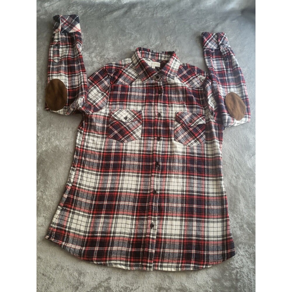 CI SONO Shirt Button Women Large Red Blue Plaid Long Sleeve